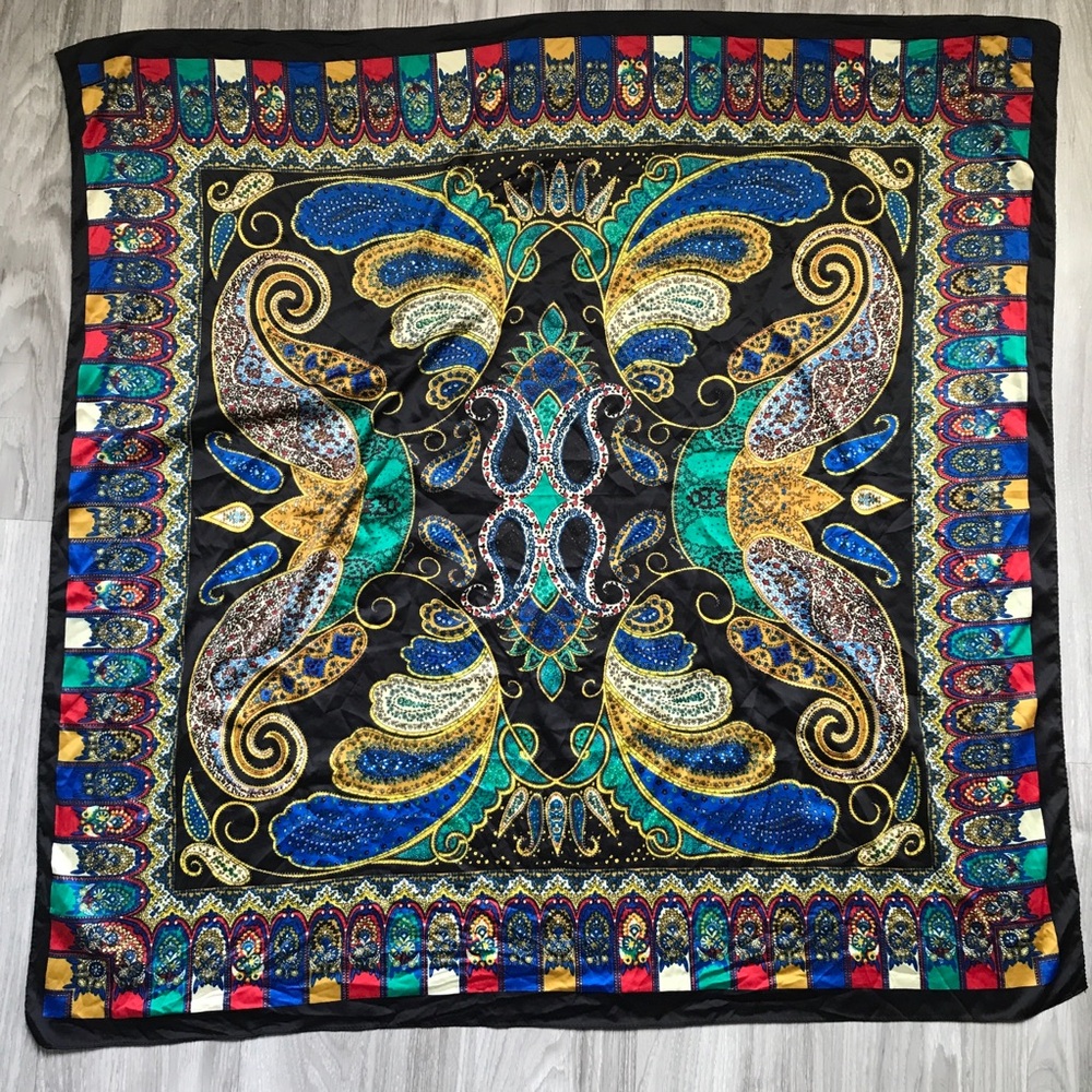 WOMENS SATIN SCARF BLACK SPIRITUAL GYPSY IKAT SQUARE HEADSCARF